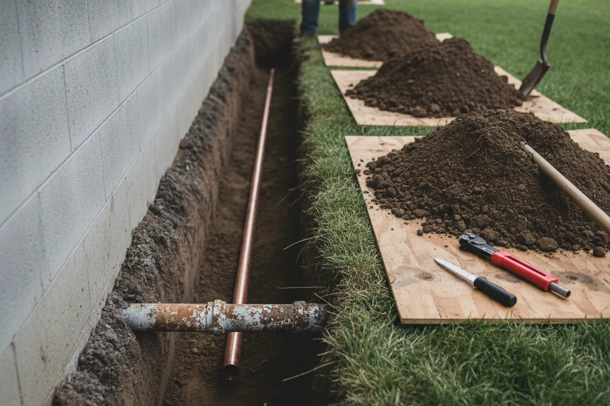 Excavated water line trench during Water Softener Installation in Newton Center